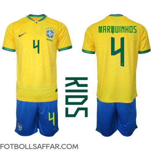 Brasilien Marquinhos #4 Hemmadräkt Barn VM 2022 Kortärmad (+ Korta byxor)
